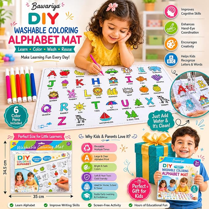 91lwfKkDZuL._SX679_ Reusable Washable Coloring Mat for Kids, Alphabet Learning Coloring Sheet, Educational Drawing Mat, ABC Coloring Activity Mat, Kids Washable Colouring Cloth, Early Learning Toy for Children 3+ Years